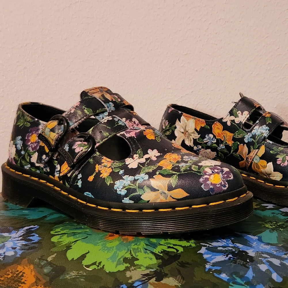 Dr. Martens Black Floral Mary Jane Flats with Buckle - Picture 2 of 5